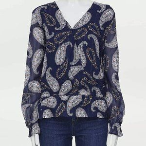 Navy Metallic Paisley Surplice Top - Wo